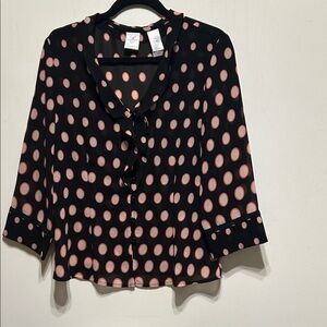 Emma James Polka Dot Women’s Blouse 3/4 Sleeves Button Up Pink Black Sz 12